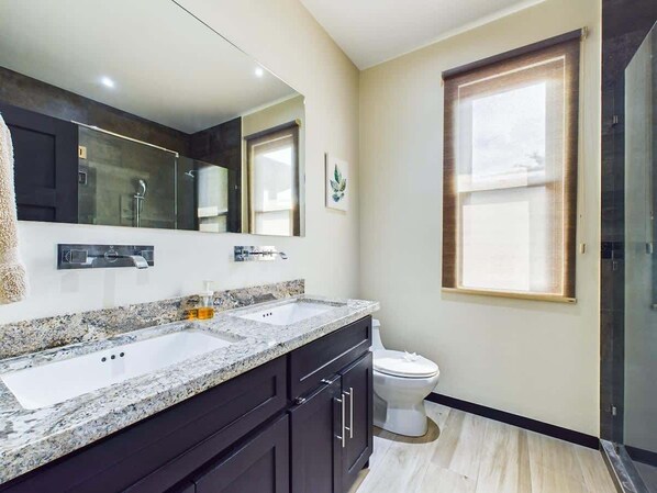 A modern bathroom with a granite countertop, a double sink, a toilet, and a glass shower enclosure.