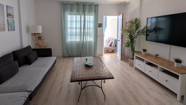 Uma sala de estar moderna com um sofá, uma mesa de centro, uma televisão e uma planta.