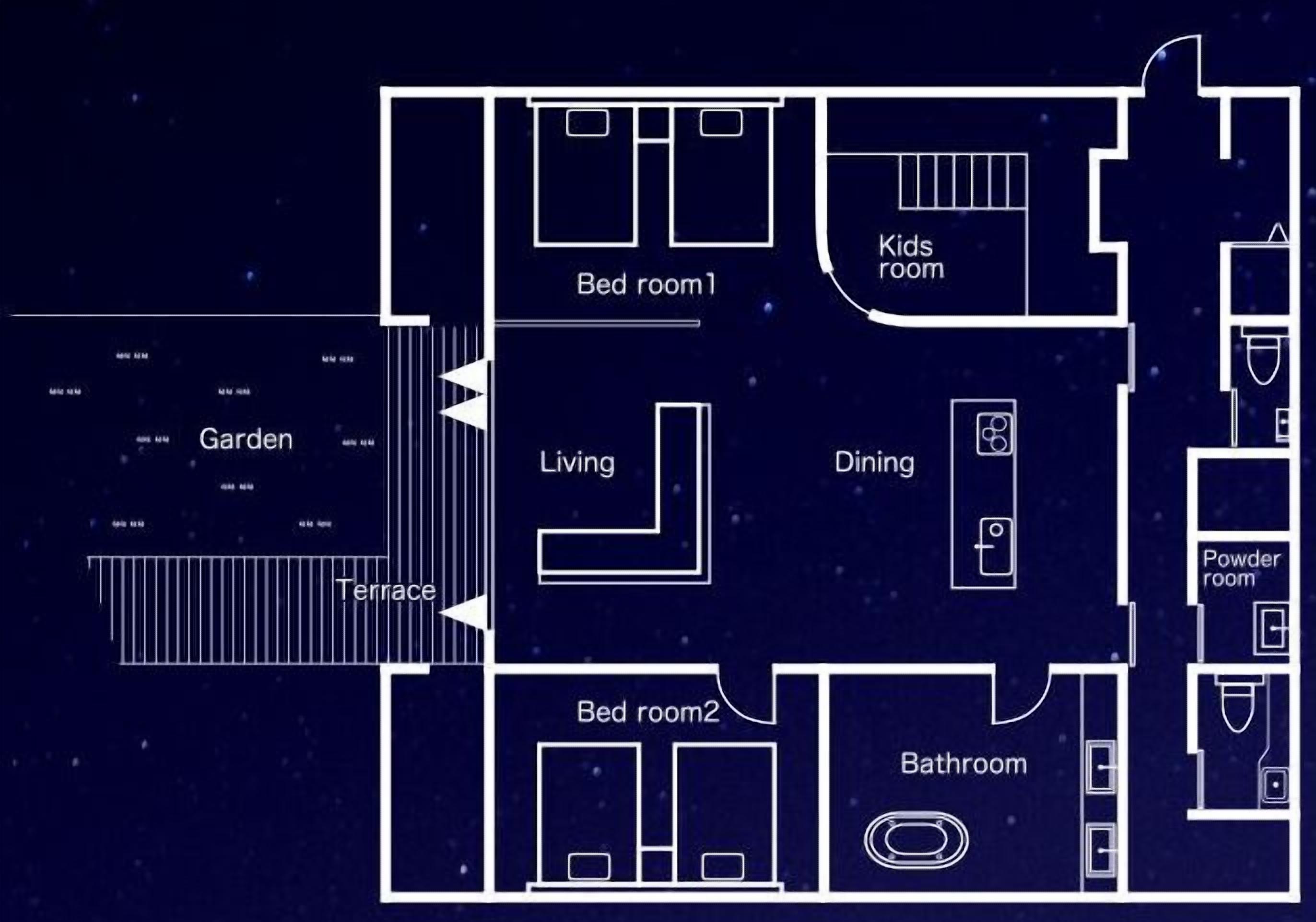 A hotel layout with a terrace, garden, two bedrooms, a living room, dining area, powder room, and bathroom.