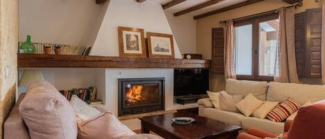 Smart TV, lareira, DVD player, livros