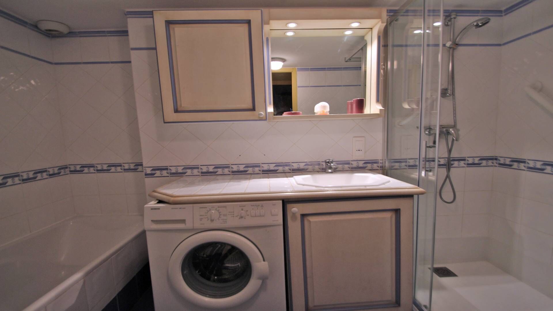 Une petite salle de bain équipée d’un lave-linge, d’un évier et d’une douche à parois de verre.