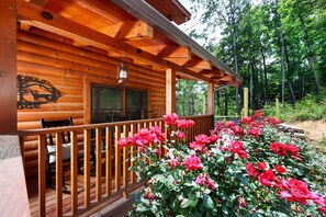 A wooden cabin with a porch, a dining area with chairs, and a garden with red flowers.