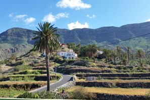A rural landscape with terraced fields, a winding road, and a house with a red roof.