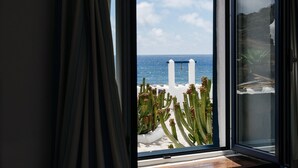 A window with a view of the sea and cacti.