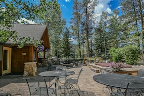 Relax in a serene outdoor space with a fire pit, grill, and comfortable seating.