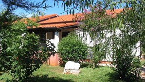 A building with a red-tiled roof, surrounded by greenery and a stone structure in the foreground. - Holiday Home in Poreč with Terrace, Air condition, WIFI, Dishwasher (4400-1) (Porec)