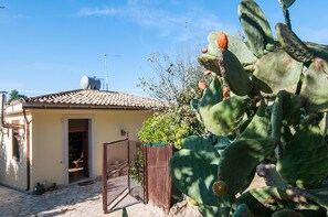 Une maison avec un toit en tuiles, un portail en métal et un cactus au premier plan.