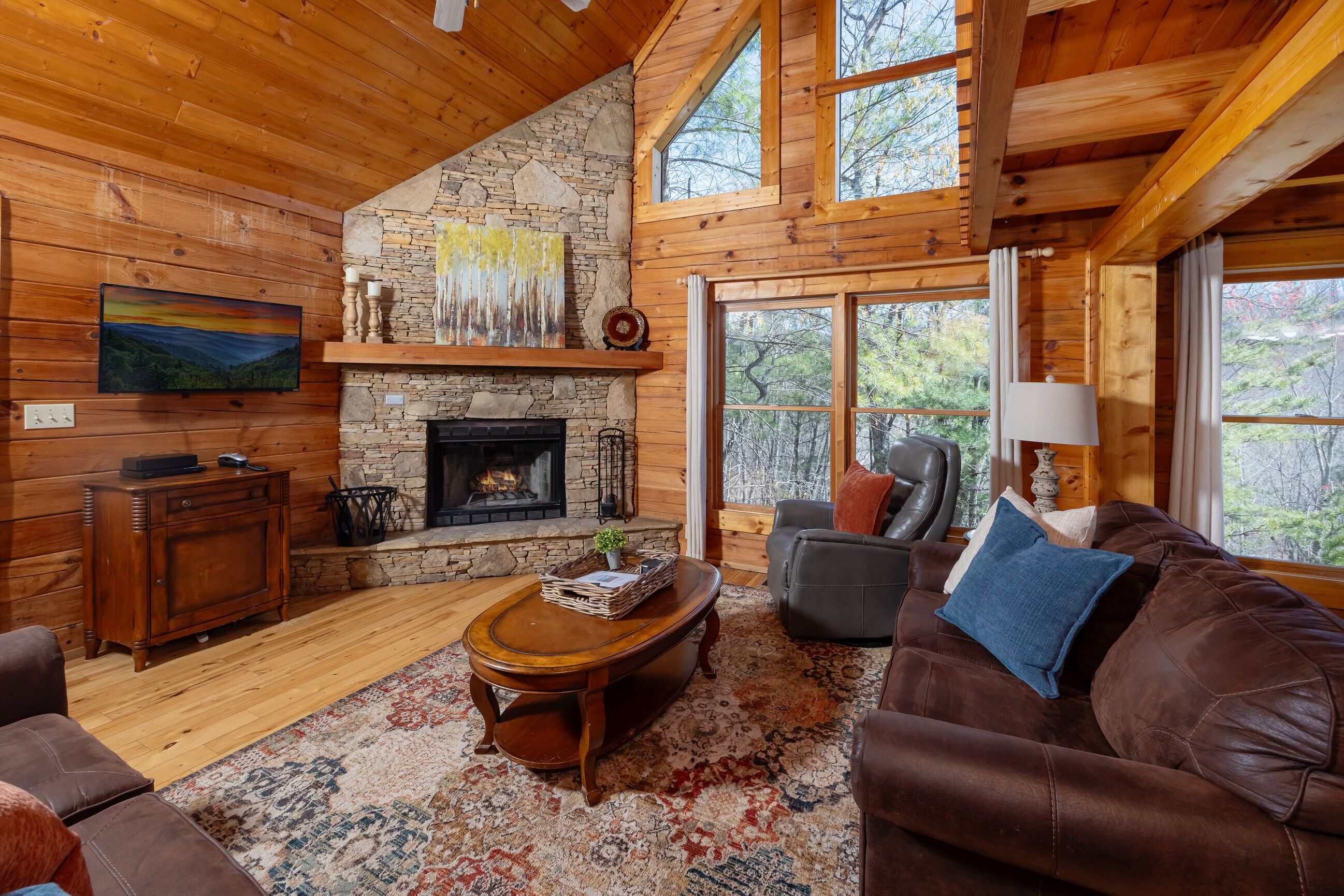 Flat-screen TV, fireplace, video games, DVD player