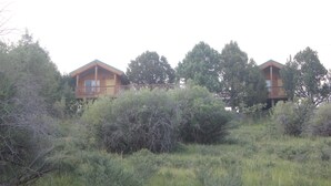 Two wooden cabins with balconies, surrounded by dense shrubbery and trees. - Wranglers Quarters RiverView Cabin - Sevier River Ranch - 1 King bed (Hatch)