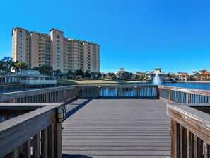 Stroll along the waterfront boardwalk to the hotel, where balconies offer a tranquil view of the water.