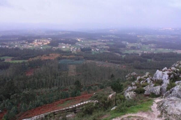 A panoramic view of a rural landscape with a winding road, dense forests, and scattered buildings.