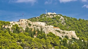 Una fortaleza de piedra histórica con una bandera en la cima, rodeada de frondosos árboles verdes en una colina.