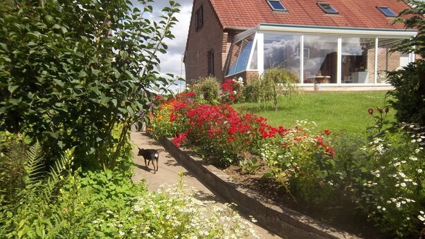 Ein Gartenweg führt zu einem Haus mit rotem Ziegeldach und einem Wintergarten.
