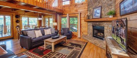 Televisie, een open haard, videospelletjes en een dvd-speler