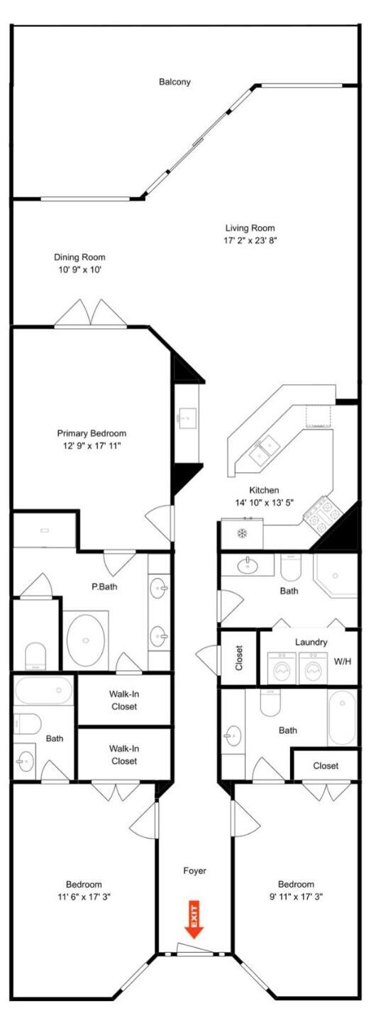 Plano de planta de un hotel que incluye balcón, sala de estar, comedor, habitación principal, cocina, baños, vestidores, recibidores y dos habitaciones adicionales.