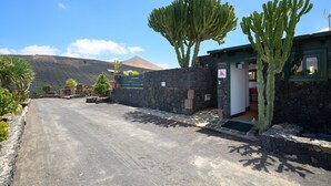 Un edificio de fachada de piedra, una puerta y un cactus grande al frente.