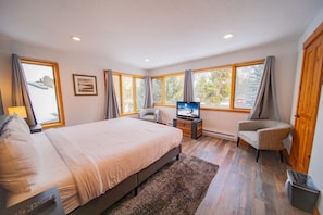 Quarto com uma cama grande, televisão, cadeira e janela com cortinas.