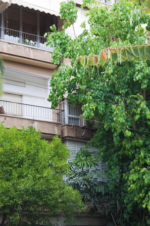 A multi-story building with balconies, surrounded by dense greenery.