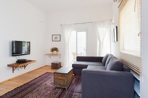 Una sala de estar con un sofá gris, un televisor de pantalla plana, una mesa de centro de madera, un tapete estampado y una ventana con persianas.