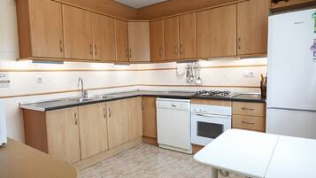 Een koelkast, een magnetron, een oven, een vaatwasser