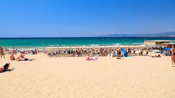 Een strand met mensen die zonnebaden en zwemmen, tenten en strandstoelen.