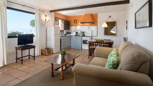 Een ruimtelijke woonruimte met kitchenette, een bank, een televisie en een eethoek.
