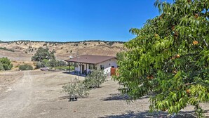 Una casa con porche cubierto, camino de tierra y un árbol frutal.