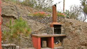 A stone-built outdoor kitchen with a chimney, potted plants, and a stone wall. - Enchanting 2-Bedroom Canarian House with Private Pool in Fontanales, M (Carretera Moya Palmital)