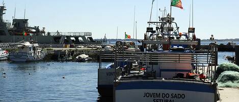 Un puerto con varias embarcaciones amarradas, incluyendo una con la inscripción 'JOVEM DO SADO SETUBAL'.
