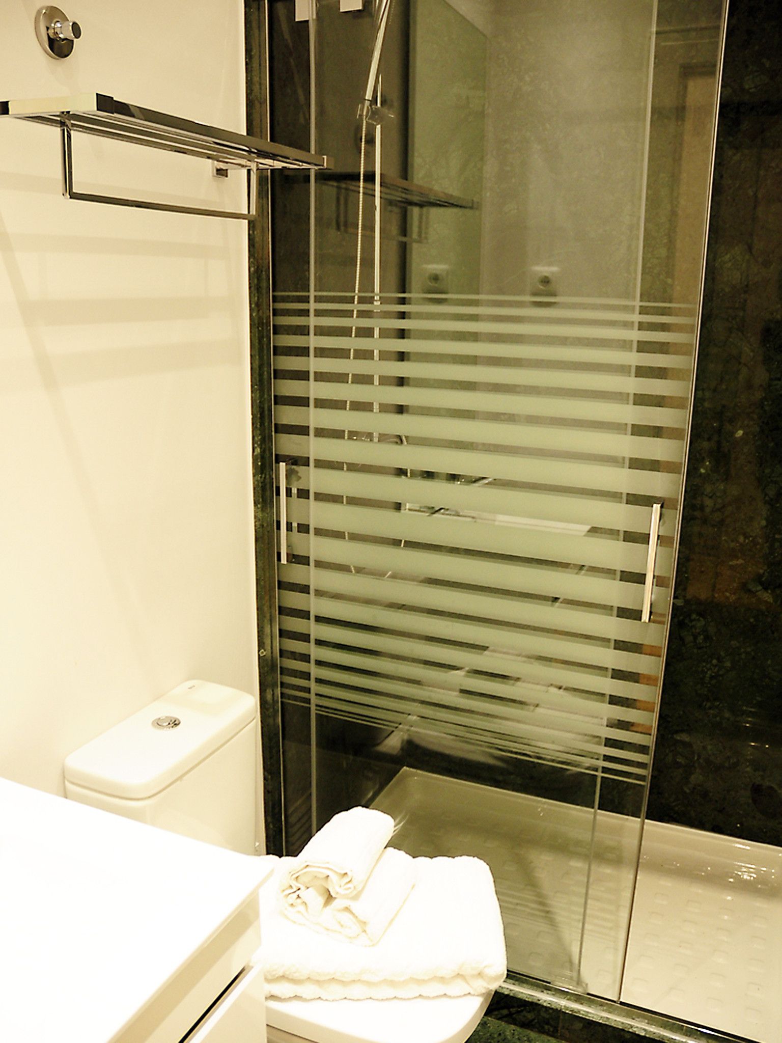 Een badkamer met een douchecabine van glas, een toilet en een handdoekhouder.