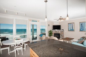 Smart TV, fireplace, DVD player, books