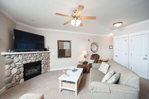 Smart TV, fireplace, DVD player, books