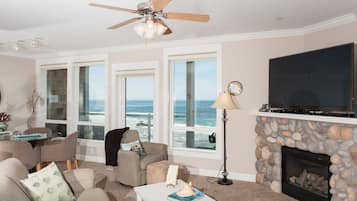 Smart TV, fireplace, DVD player, books