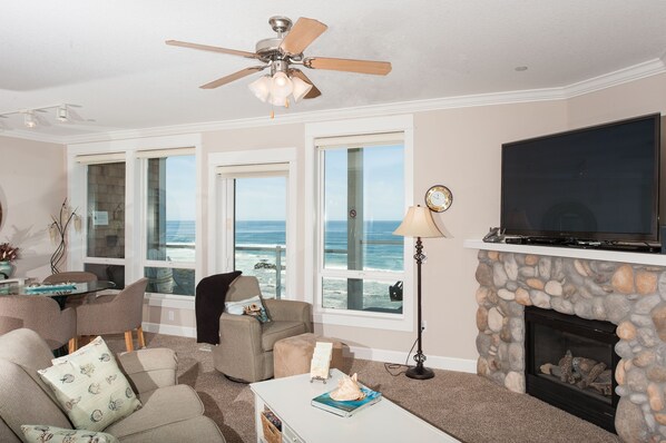 Smart TV, fireplace, DVD player, books