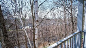 A view from a porch overlooking a forested area with bare trees, a railing, and a distant building.