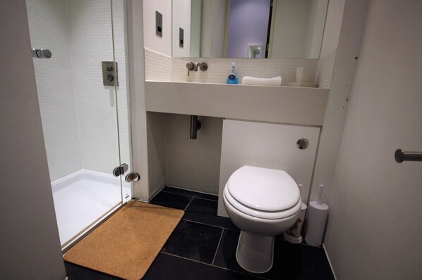 Une petite salle de bain avec des toilettes blanches, une douche et un lavabo.