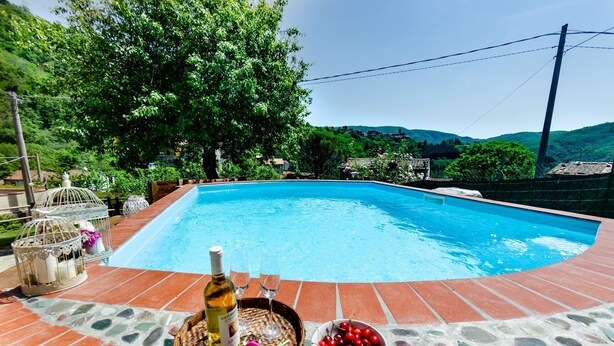 A swimming pool with a tiled edge, surrounded by greenery and hills. - Home on the hills overlooking Pescia, between Lucca and Florence, private pool with salted water (Lanciole)