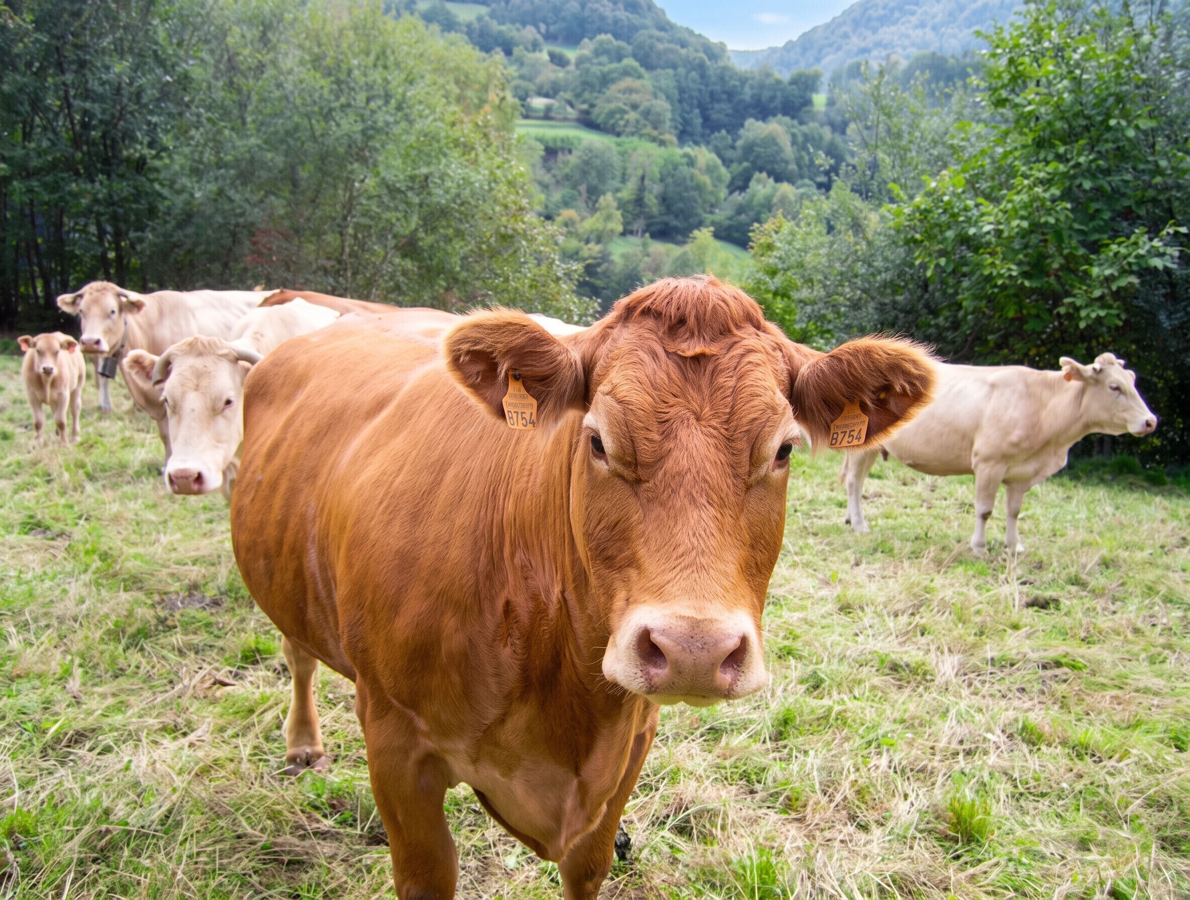 Eine Kuh auf einer Wiese mit einer Berglandschaft im Hintergrund.