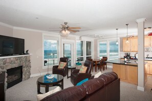 Smart TV, fireplace, DVD player, books