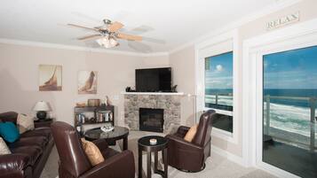 Smart TV, fireplace, DVD player, books