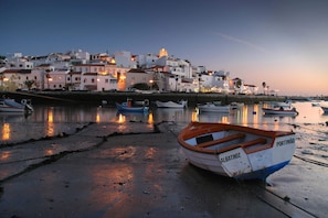 Un pueblo costero con barcos amarrados a la orilla y edificios al fondo.