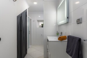 Shower, hair dryer, towels