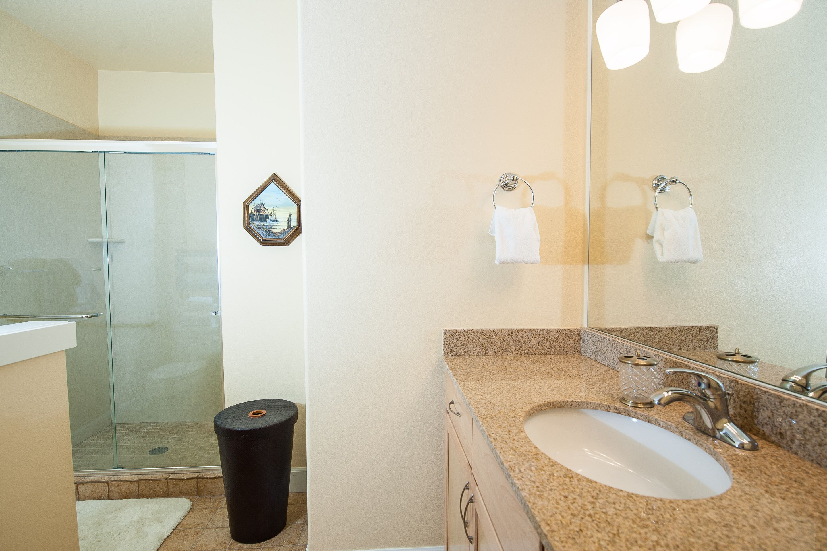 A bathroom with a glass shower enclosure, a sink with a granite countertop, and a mirror with two towel hooks.
