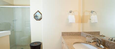A bathroom with a glass shower enclosure, a sink with a granite countertop, and a mirror with two towel hooks.