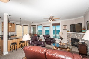 Smart TV, fireplace, DVD player, books