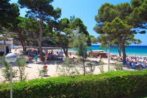 A beach with people, trees, and a clear blue sky.