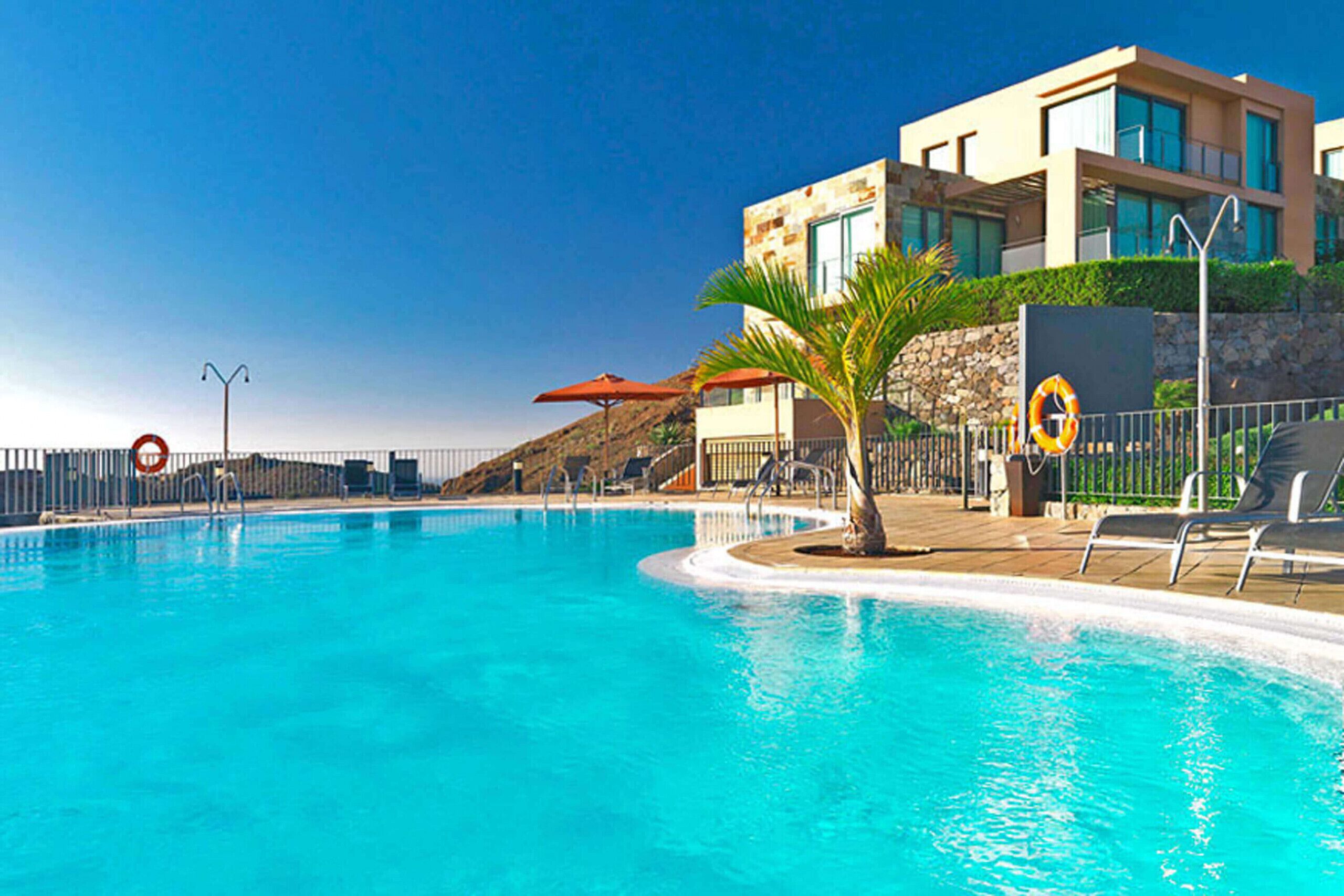 Una piscina con un flotador salvavidas, una palmera y un edificio moderno al fondo.