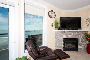Smart TV, fireplace, DVD player, books