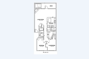 A floor plan of a house with a living room, kitchen, two bedrooms, a master bedroom, and a bathroom.