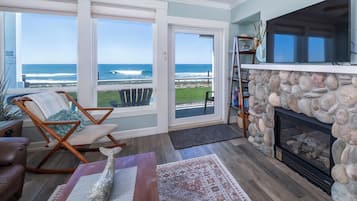 TV connectée, cheminée, lecteur de DVD, livres